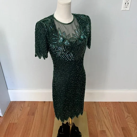 Denise Elle Vintage 80s Black Beaded Sequin Silk Cocktail Jagged Hem Dress PS - Picture 2 of 13